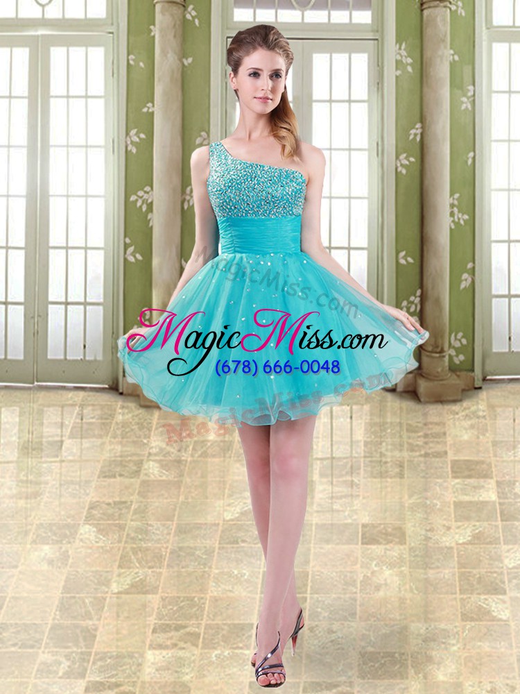 wholesale fine mini length aqua blue prom party dress organza sleeveless beading