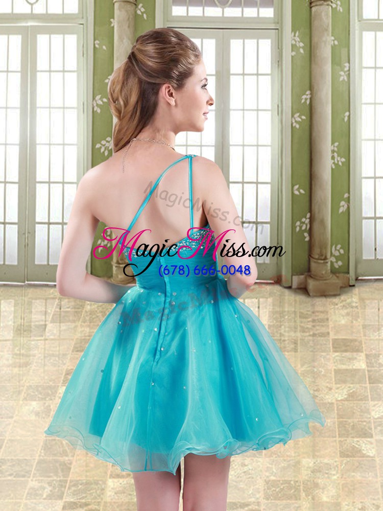 wholesale fine mini length aqua blue prom party dress organza sleeveless beading