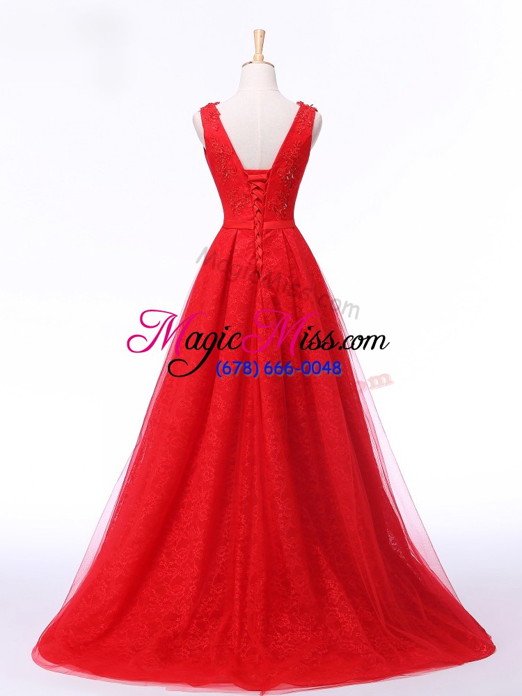 wholesale custom design red tulle lace up evening dress sleeveless brush train lace and appliques and belt
