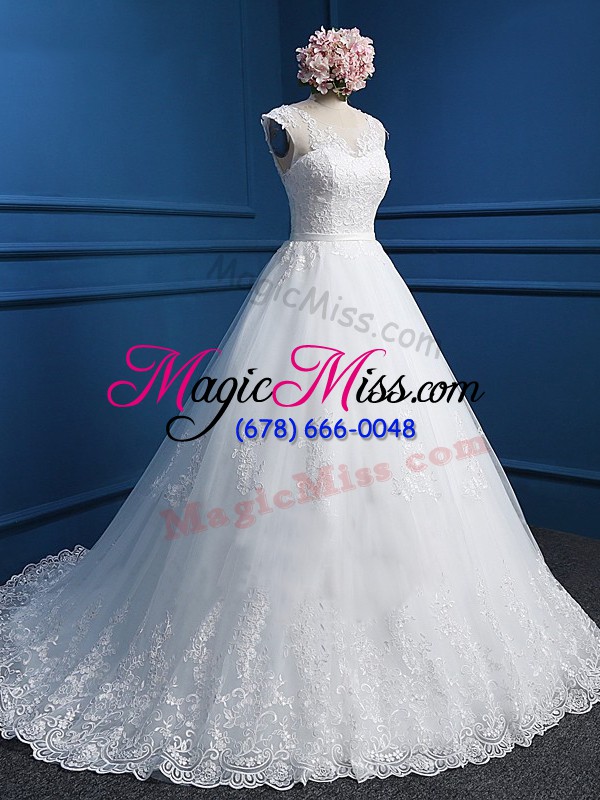wholesale affordable brush train ball gowns wedding gown white v-neck tulle sleeveless backless