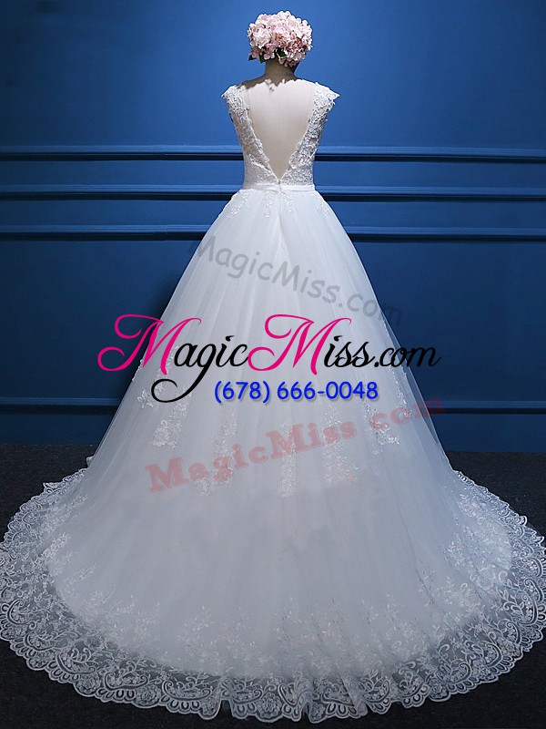 wholesale affordable brush train ball gowns wedding gown white v-neck tulle sleeveless backless