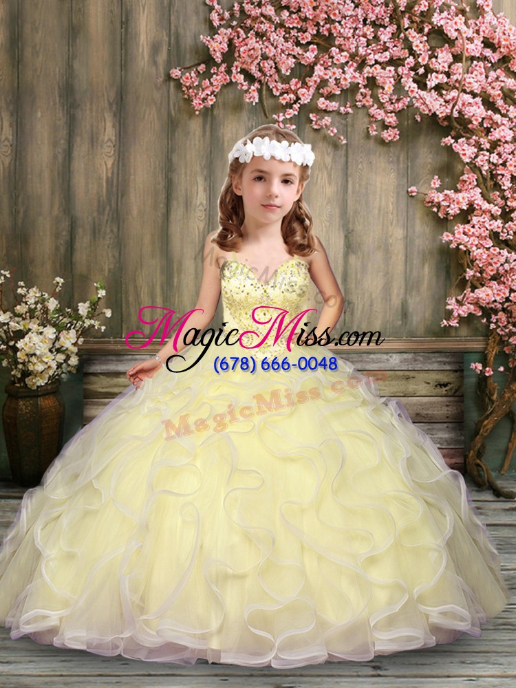 wholesale light yellow tulle lace up spaghetti straps sleeveless floor length little girls pageant gowns beading and ruffles