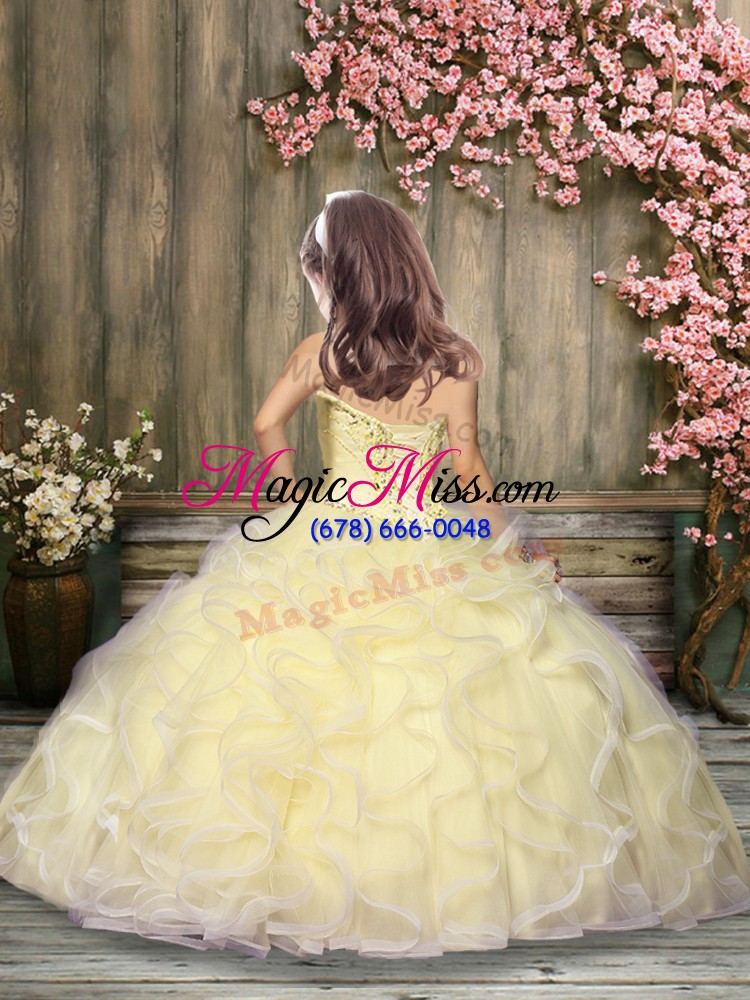 wholesale light yellow tulle lace up spaghetti straps sleeveless floor length little girls pageant gowns beading and ruffles