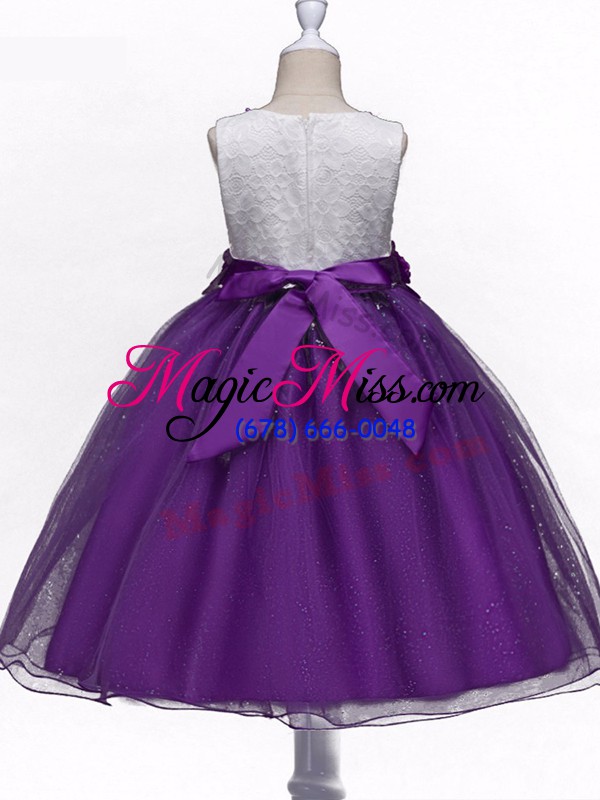 wholesale fantastic purple tulle zipper flower girl dress sleeveless knee length lace and hand made flower