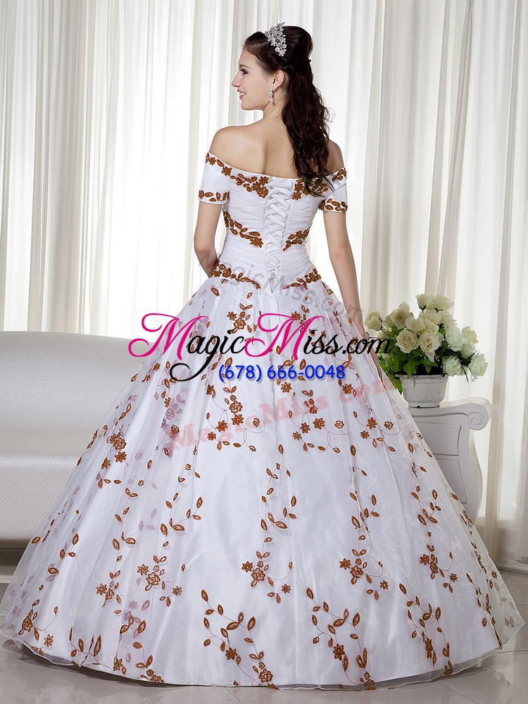 wholesale white short sleeves organza lace up ball gown prom dress for military ball and sweet 16 and quinceanera