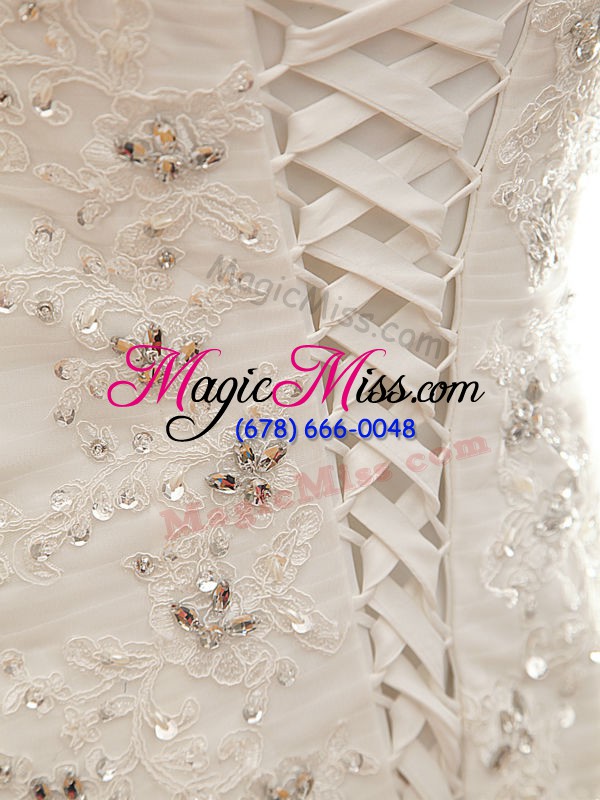 wholesale inexpensive white lace up bridal gown beading and appliques sleeveless brush train