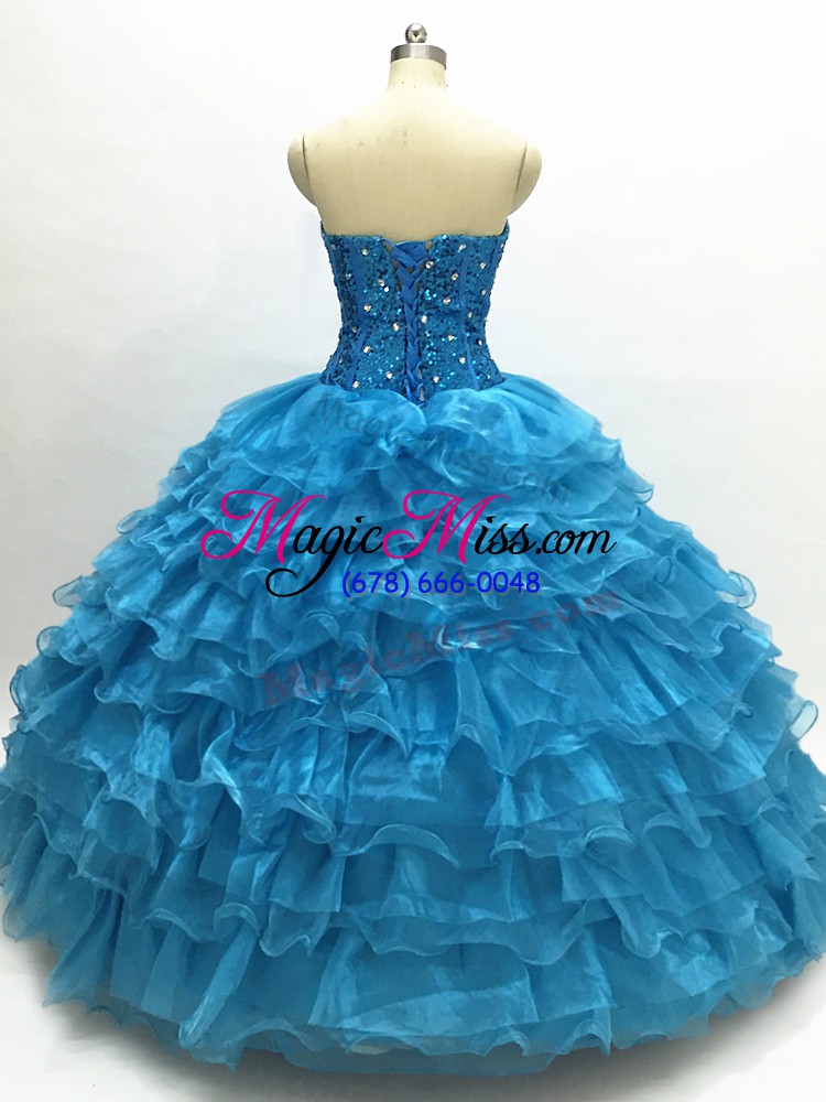 wholesale sleeveless organza floor length lace up sweet 16 dress in teal with beading and ruffles
