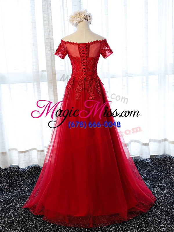wholesale modern floor length red prom dress off the shoulder short sleeves lace up