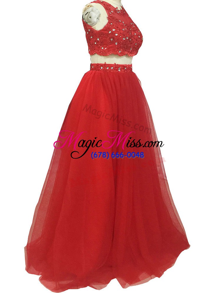 wholesale shining red scoop neckline beading and appliques prom gown sleeveless zipper