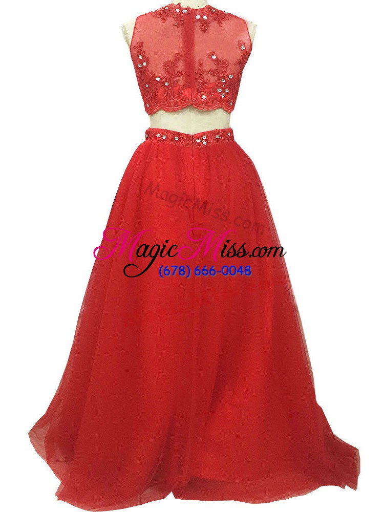 wholesale shining red scoop neckline beading and appliques prom gown sleeveless zipper