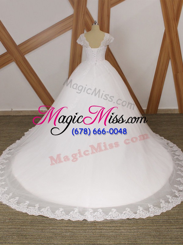 wholesale white wedding dresses v-neck short sleeves chapel train lace up