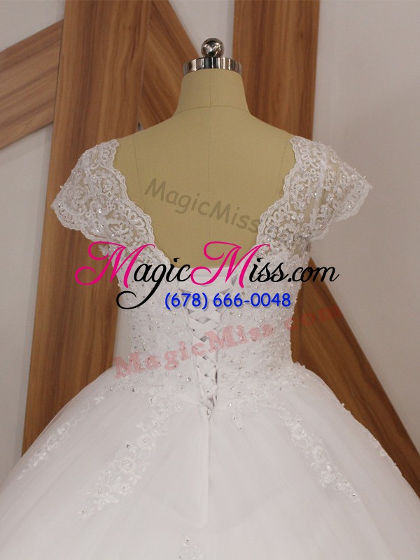 wholesale white wedding dresses v-neck short sleeves chapel train lace up