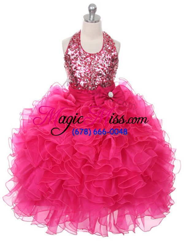 wholesale trendy hot pink lace up little girls pageant dress wholesale ruffles and sequins and bowknot sleeveless floor length