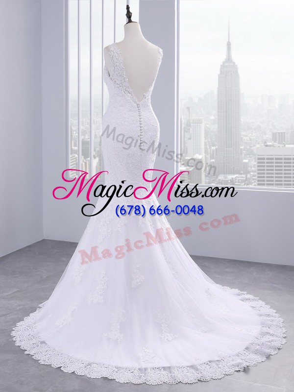 wholesale chic v-neck sleeveless brush train backless wedding gowns white tulle