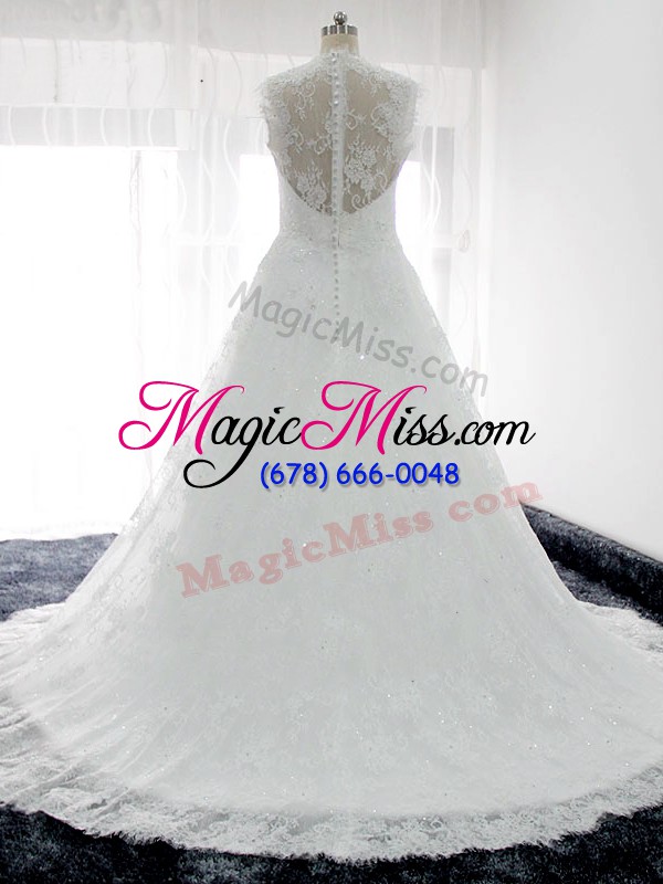 wholesale on sale beading and lace wedding gowns white clasp handle sleeveless brush train