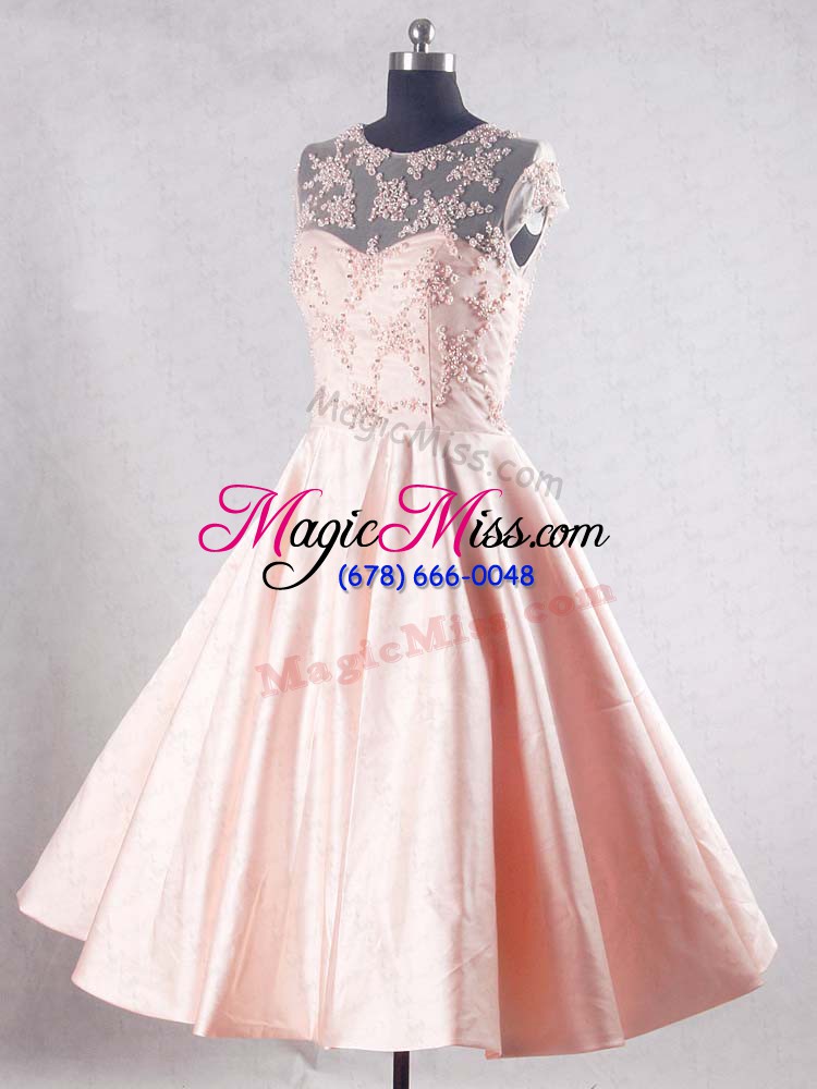 wholesale perfect sleeveless taffeta knee length zipper evening dress in pink with beading and appliques