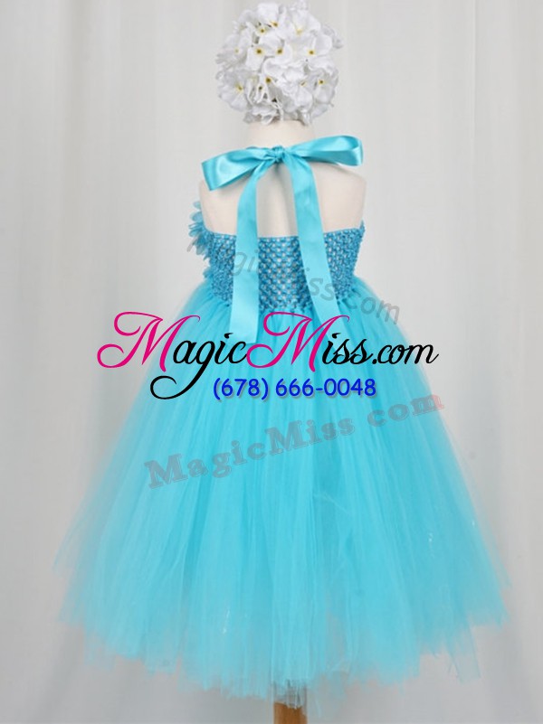wholesale custom designed a-line little girls pageant gowns aqua blue halter top tulle sleeveless knee length side zipper