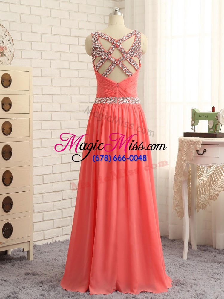 wholesale comfortable beading and ruching prom dress watermelon red criss cross sleeveless floor length