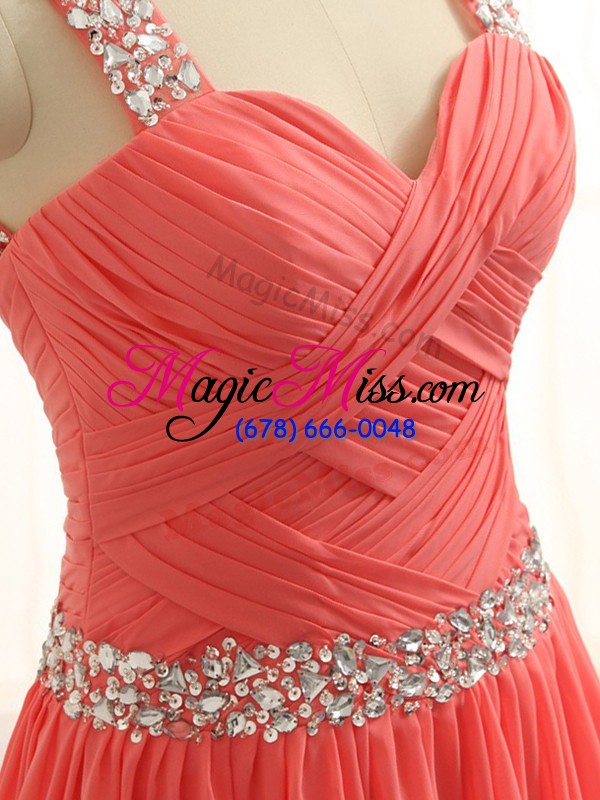 wholesale comfortable beading and ruching prom dress watermelon red criss cross sleeveless floor length
