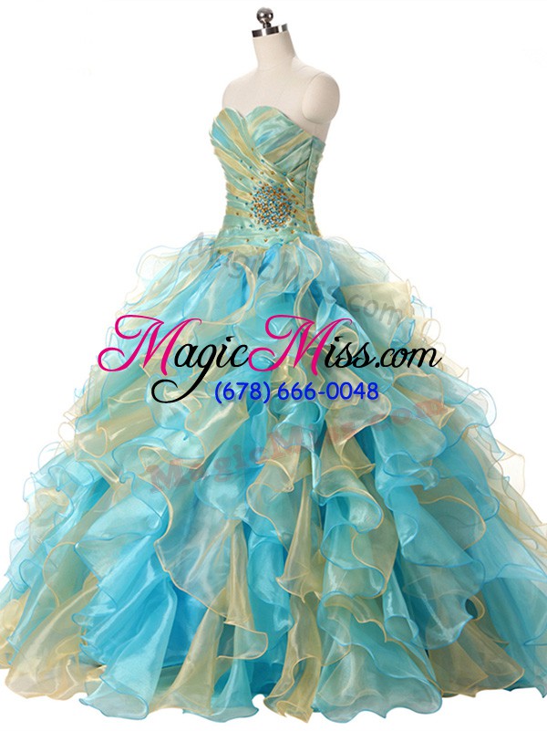 wholesale sleeveless organza floor length lace up sweet 16 dresses in multi-color with beading and ruffles