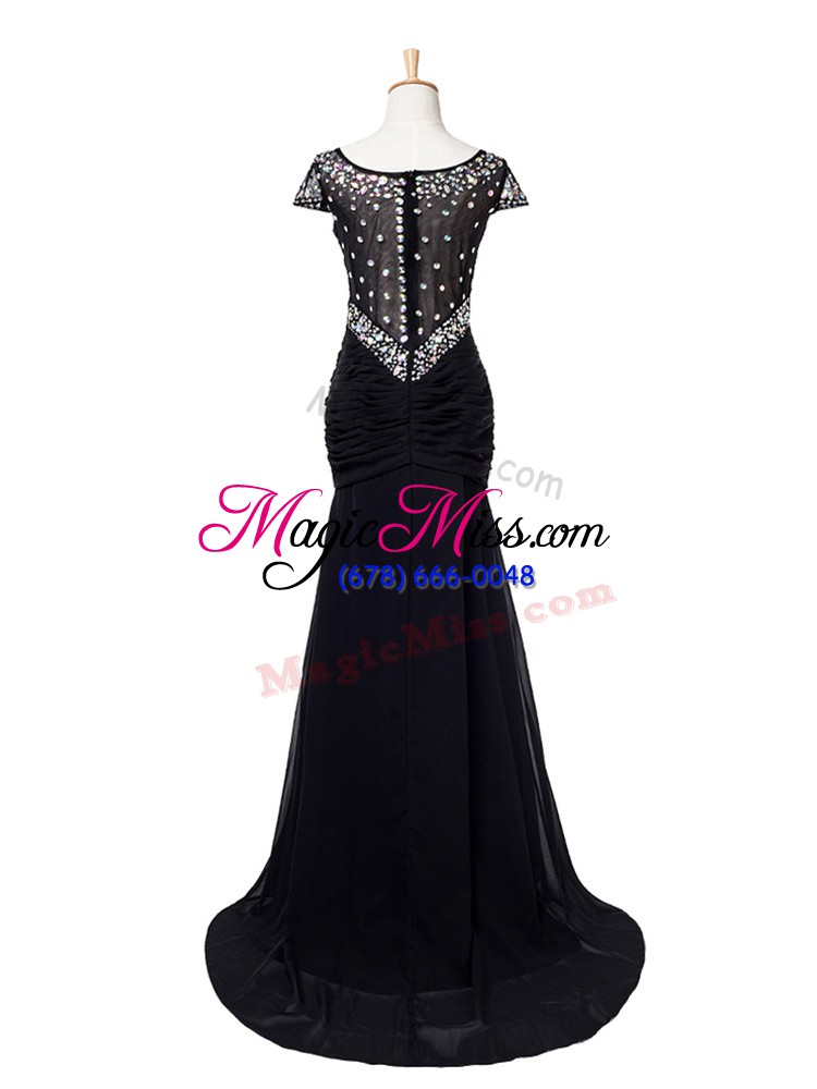 wholesale fashion black cap sleeves brush train beading and ruching going out dresses