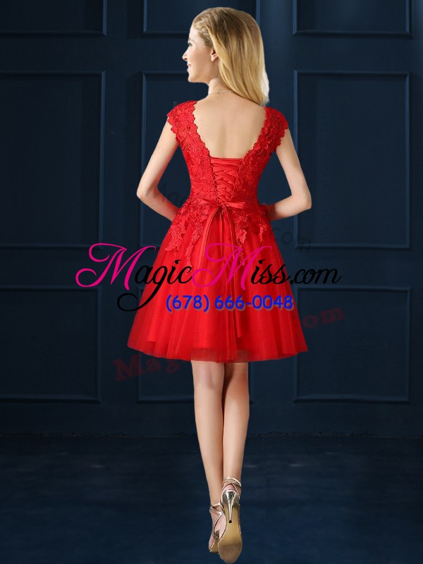 wholesale bateau cap sleeves tulle bridesmaid gown lace and appliques lace up