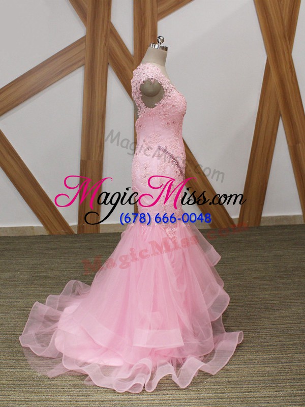 wholesale baby pink cap sleeves beading and lace and appliques and ruffles backless formal evening gowns