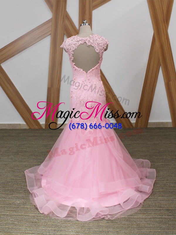 wholesale baby pink cap sleeves beading and lace and appliques and ruffles backless formal evening gowns