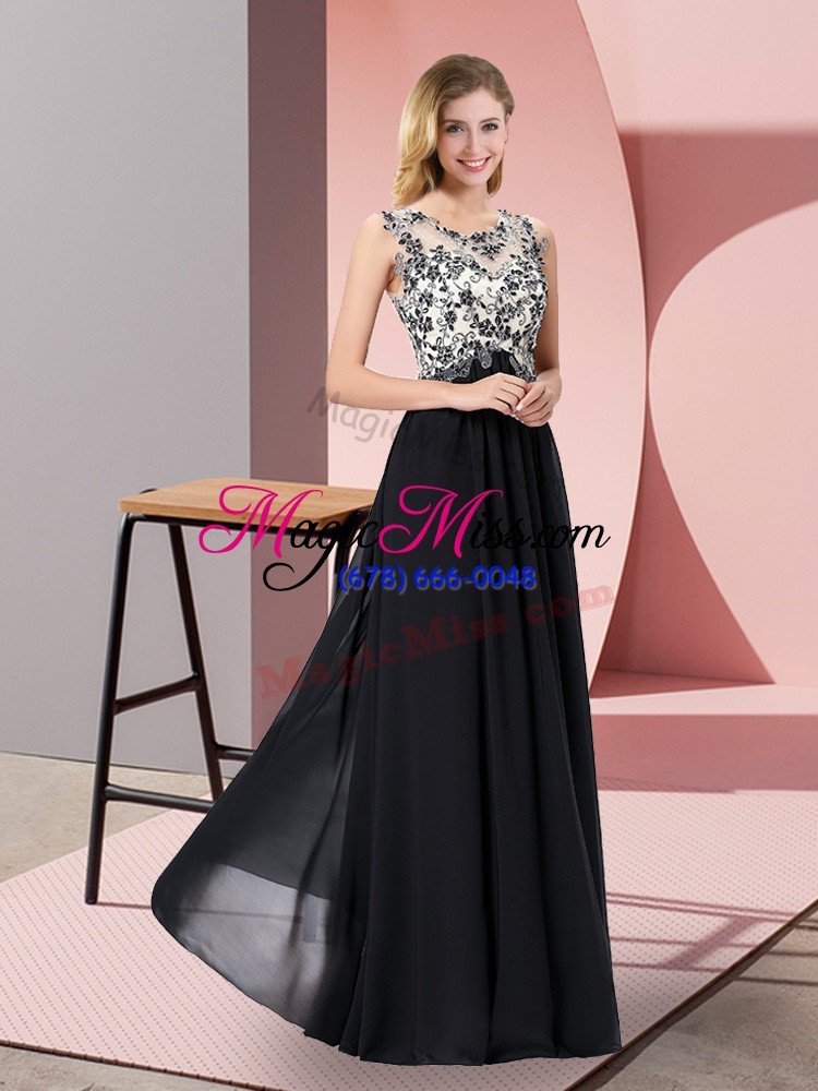 wholesale fine scoop sleeveless prom gown floor length appliques black chiffon