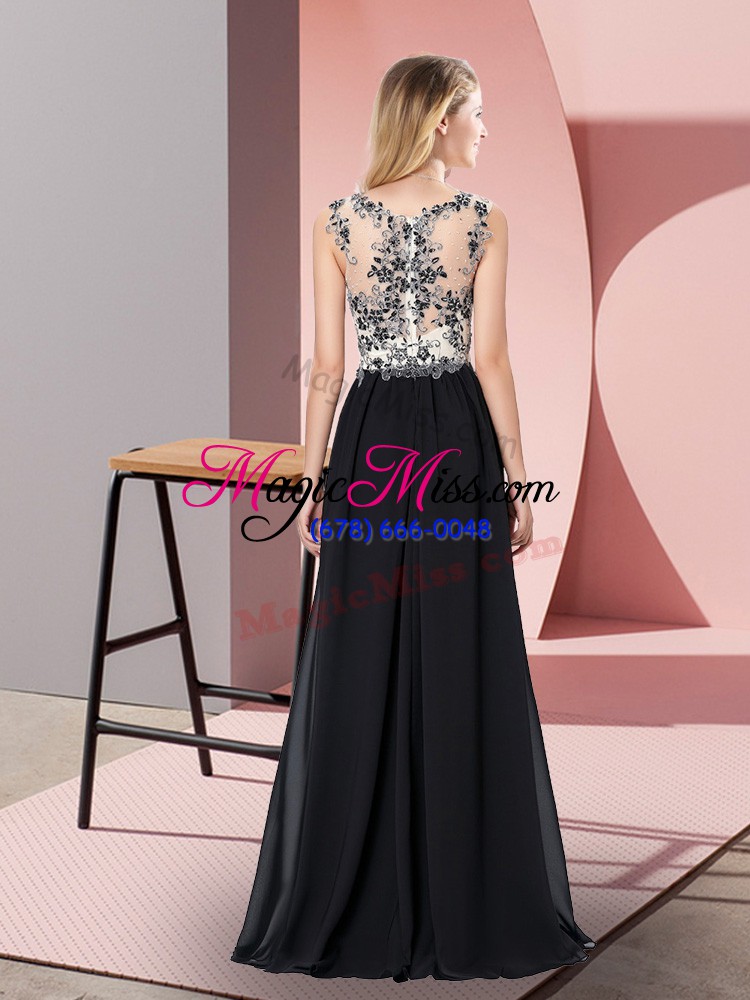 wholesale fine scoop sleeveless prom gown floor length appliques black chiffon