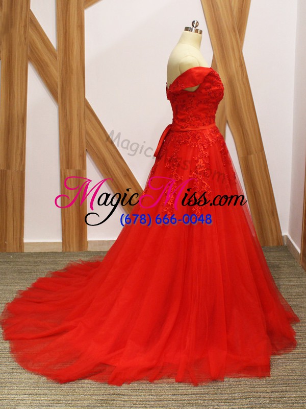 wholesale coral red off the shoulder neckline lace and appliques formal dresses sleeveless lace up
