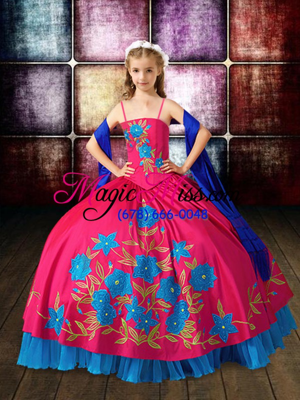 wholesale hot pink ball gowns taffeta spaghetti straps sleeveless embroidery floor length lace up little girl pageant gowns