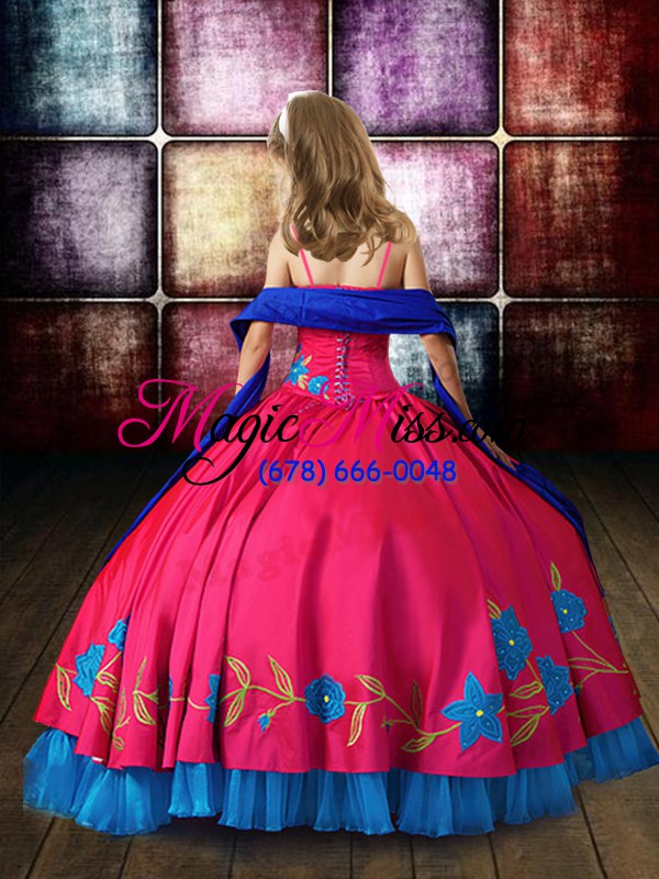 wholesale hot pink ball gowns taffeta spaghetti straps sleeveless embroidery floor length lace up little girl pageant gowns