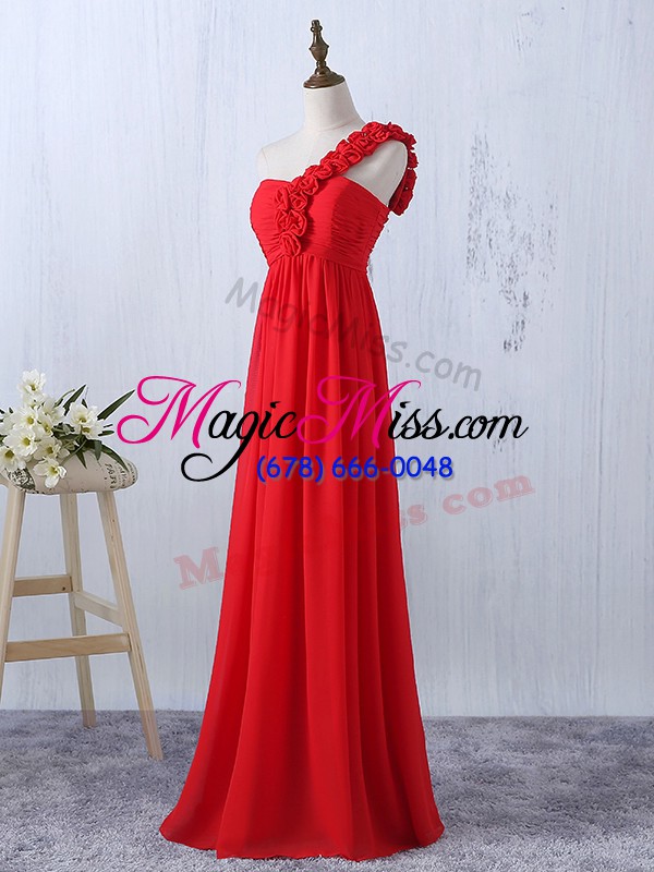 wholesale red bridesmaids dress prom and party and wedding party with hand made flower one shoulder sleeveless lace up
