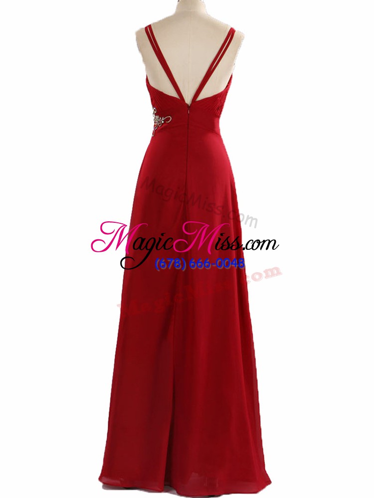 wholesale floor length red evening dress v-neck sleeveless zipper