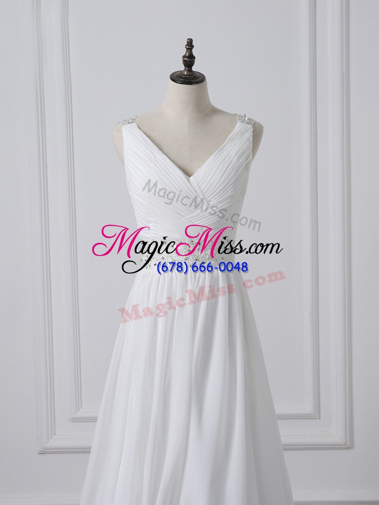 wholesale hot sale white wedding gowns v-neck sleeveless brush train backless