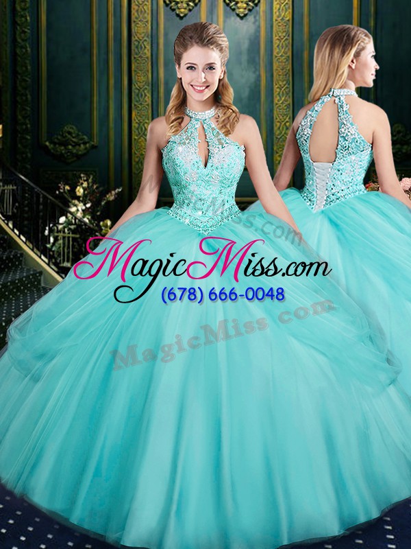 wholesale exquisite tulle halter top sleeveless lace up beading and pick ups quinceanera dress in aqua blue