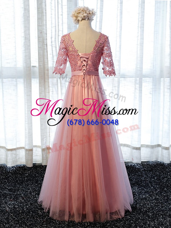wholesale scoop half sleeves bridesmaids dress floor length lace pink tulle