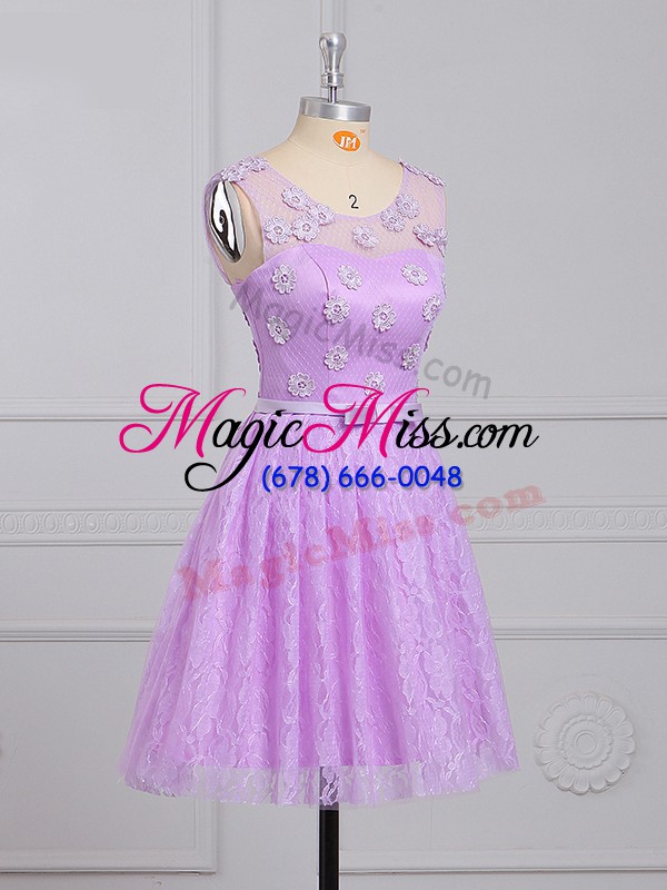 wholesale cheap lilac lace lace up scoop sleeveless mini length bridesmaids dress appliques and belt