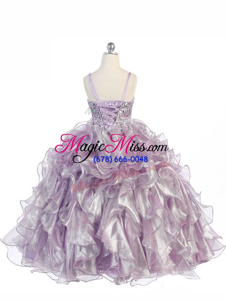 wholesale perfect lavender lace up girls pageant dresses beading and ruffles sleeveless floor length