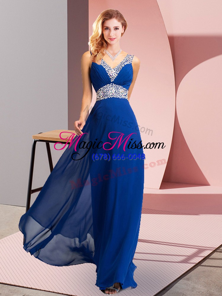 wholesale empire prom gown royal blue v-neck chiffon sleeveless lace up