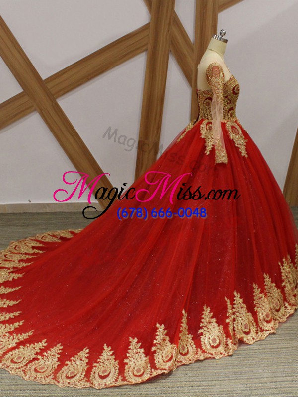 wholesale wine red ball gowns scoop long sleeves tulle court train lace up beading and appliques 15 quinceanera dress