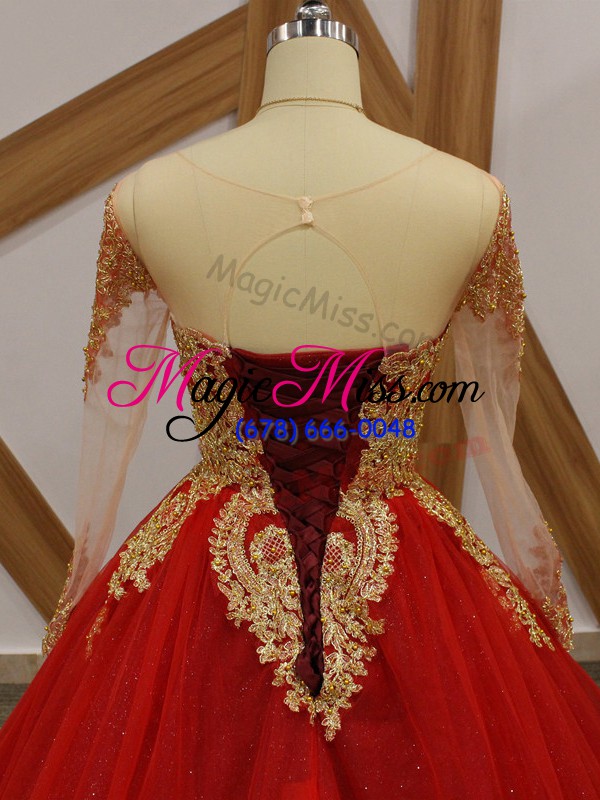 wholesale wine red ball gowns scoop long sleeves tulle court train lace up beading and appliques 15 quinceanera dress