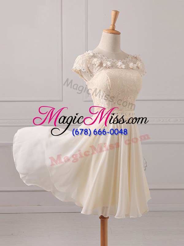 wholesale affordable lace and appliques bridesmaids dress champagne lace up cap sleeves mini length