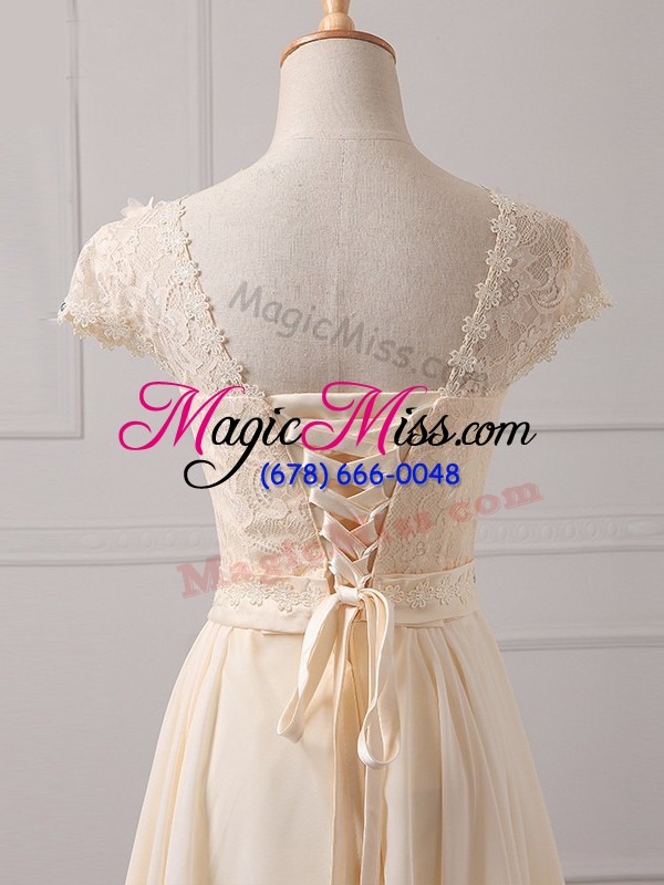 wholesale affordable lace and appliques bridesmaids dress champagne lace up cap sleeves mini length
