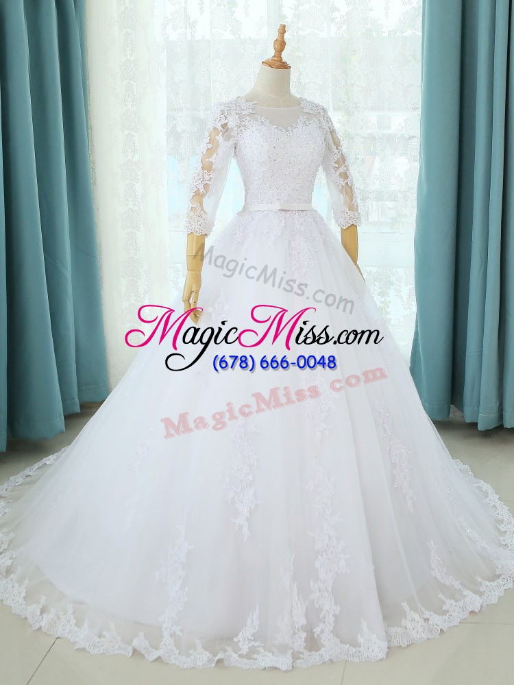 wholesale white tulle zipper wedding dresses half sleeves court train lace and appliques