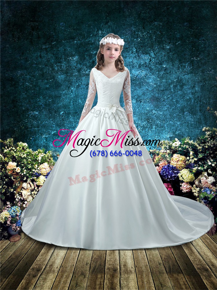 wholesale attractive 3 4 length sleeve lace and bowknot lace up flower girl dress with white court train