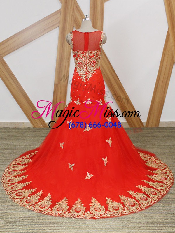 wholesale fashion coral red mermaid tulle scoop sleeveless beading and lace and appliques zipper prom gown brush train