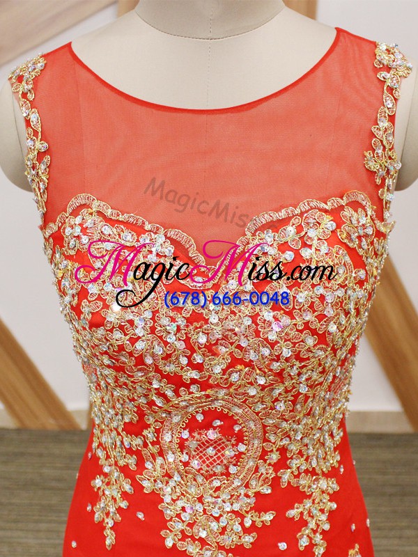 wholesale fashion coral red mermaid tulle scoop sleeveless beading and lace and appliques zipper prom gown brush train