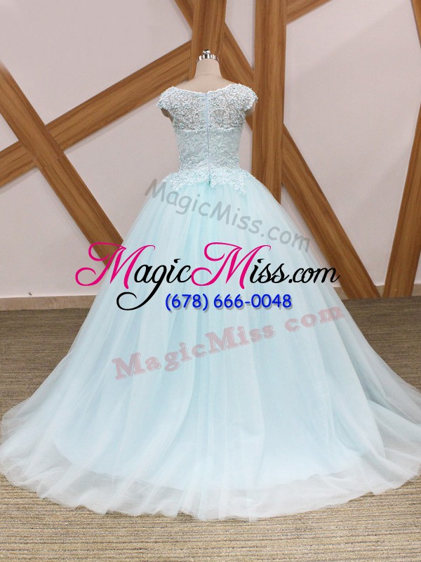 wholesale modern scoop sleeveless quince ball gowns brush train beading and lace light blue tulle
